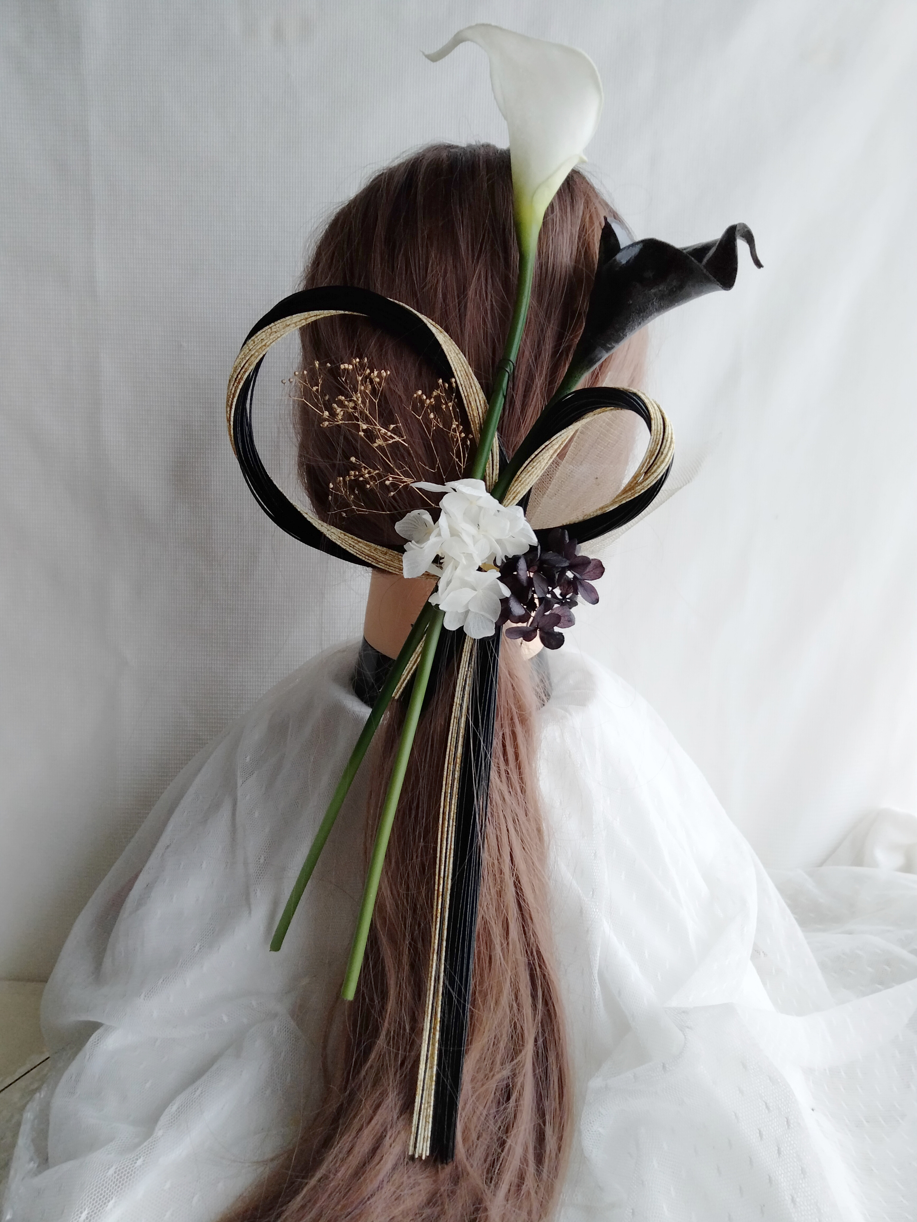 水引きリースリボン　水引きアレンジ　水引き髪飾り　成人式髪飾り　結婚式髪飾り　卒業式髪飾り　成人式　振袖　袴　カラーの花