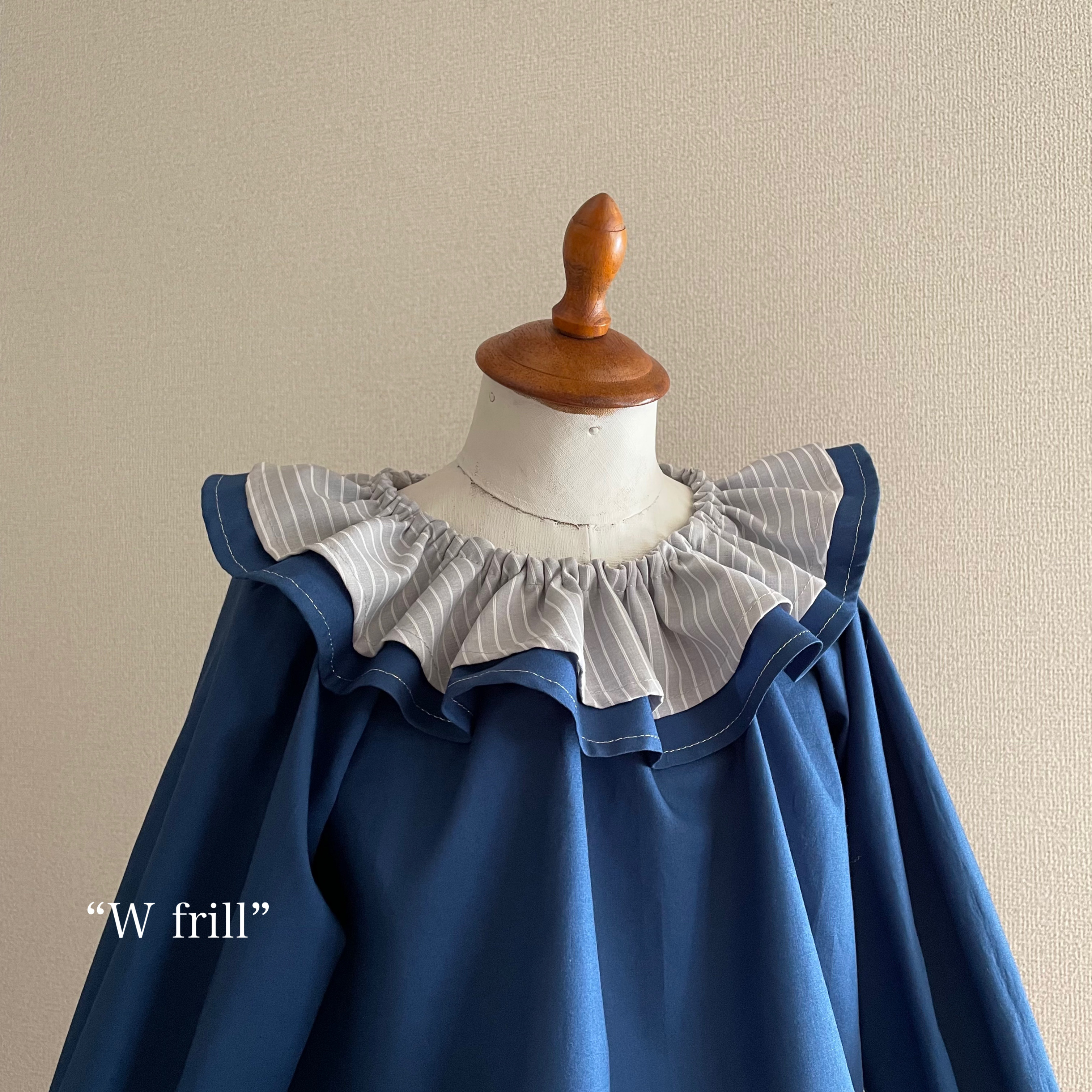 フリル襟長袖スモック4枚セット 半袖可…✂︎W フリル襟のスモックブラウス 90-110size ネイビー