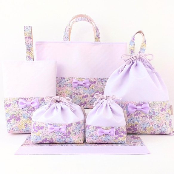 【待望★】 小花とリボン＊入園入学6点セット【ラベンダー】 レッスン 手提げ・レッスンバッグ・入園グッズ