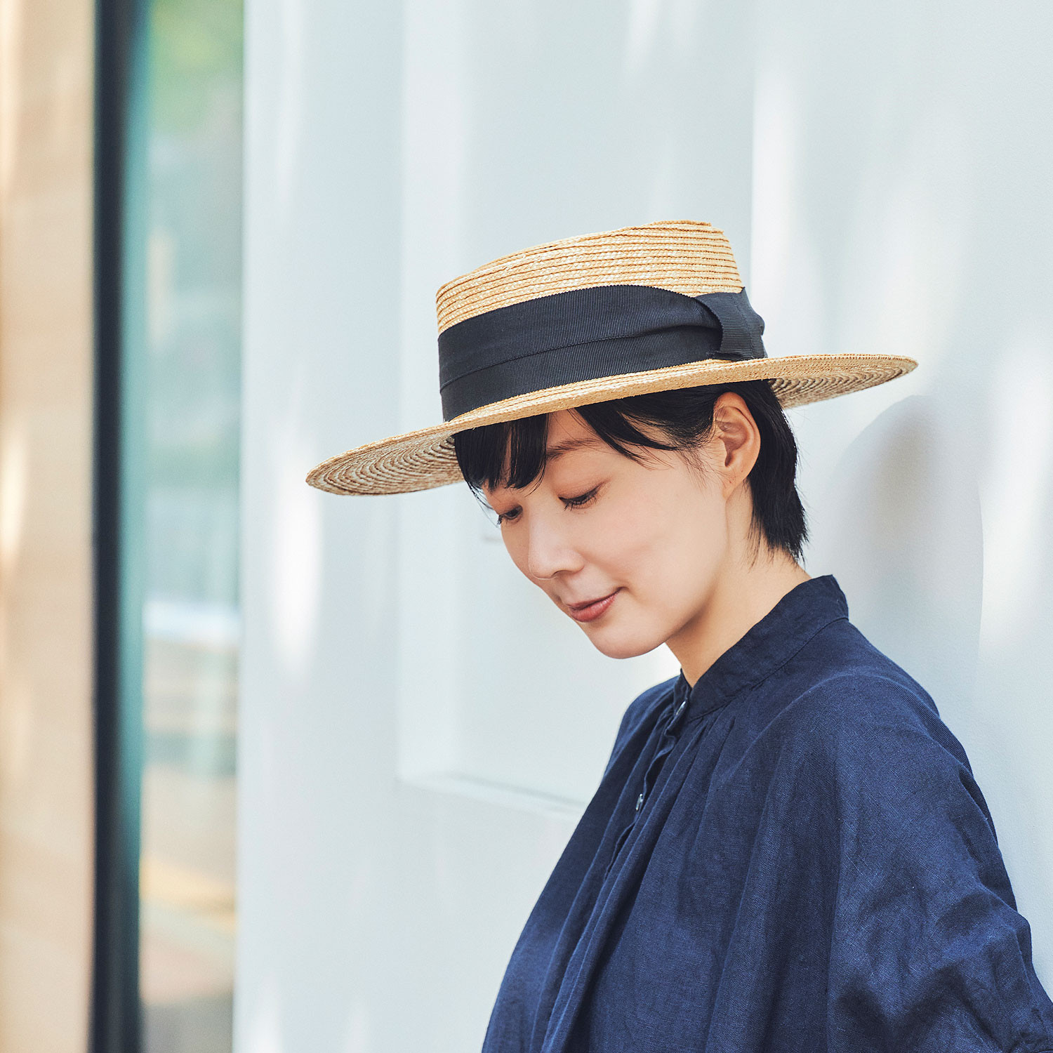 【美品】田中帽子店　アルマ　カンカン帽　黒リボン 美品】田中帽子店 アルマ カンカン帽 黒リボン