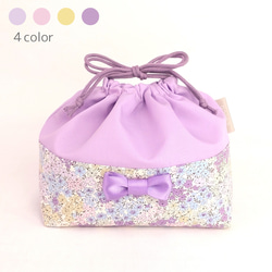 ハンドメイドお弁当袋 白×シルバーラメストライプ×薄パープルビッグリボン ハンドメイドお弁当袋 白×シルバーラメストライプ×薄パープルビッグリボン