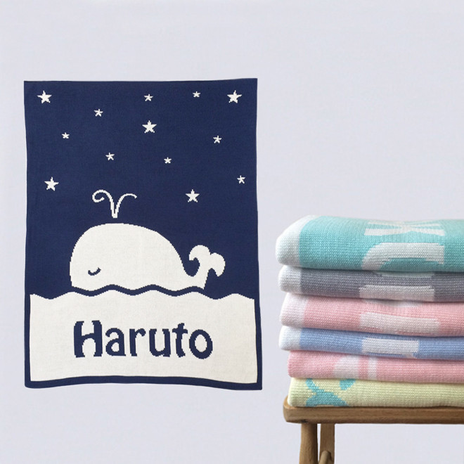 名入れブランケット・ クジラ /レギュラーサイズ・出産祝い　ニット　ギフト