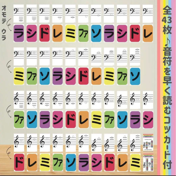 おんぷシールカード　シールでカードを作って学べる♪　名刺サイズ 全43枚(ト音記号/ヘ音記号/読み方のコツ)＋まるシール 2枚目の画像