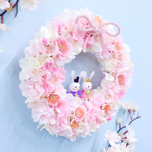 特集掲載 再販20＊満開の桜と桃の花リース(お雛様・ひな人形