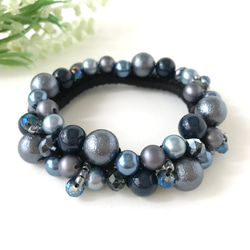 シュシュ ヘアゴム ネイビー水色パール