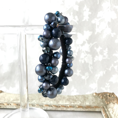 シュシュ ヘアゴム かぎ針編み ネイビーパール