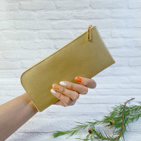 薄くて軽くて大容量なL字長財布14枚カードタイプ 牛革 シュリンク ゴールド  Squeeze 2枚目の画像