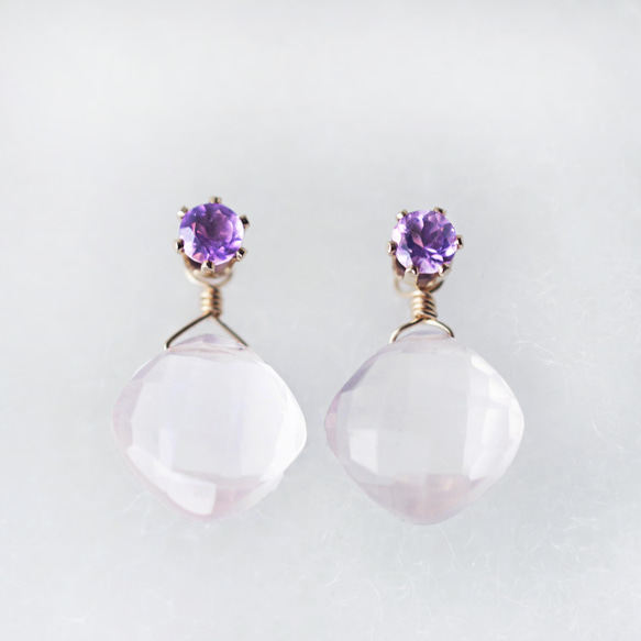 14KGF pierced earring with Amethyst and Rose quartz 第9張的照片