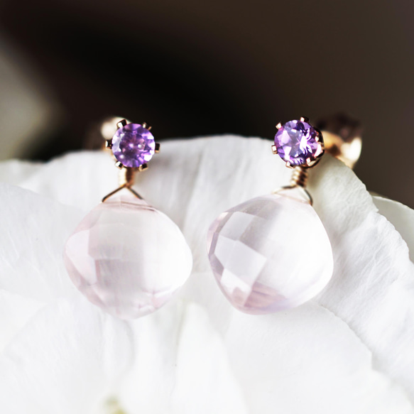 14KGF pierced earring with Amethyst and Rose quartz 第1張的照片