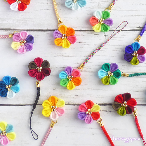 16color】花の色遊び【和風ストラップ・根付（つまみ細工