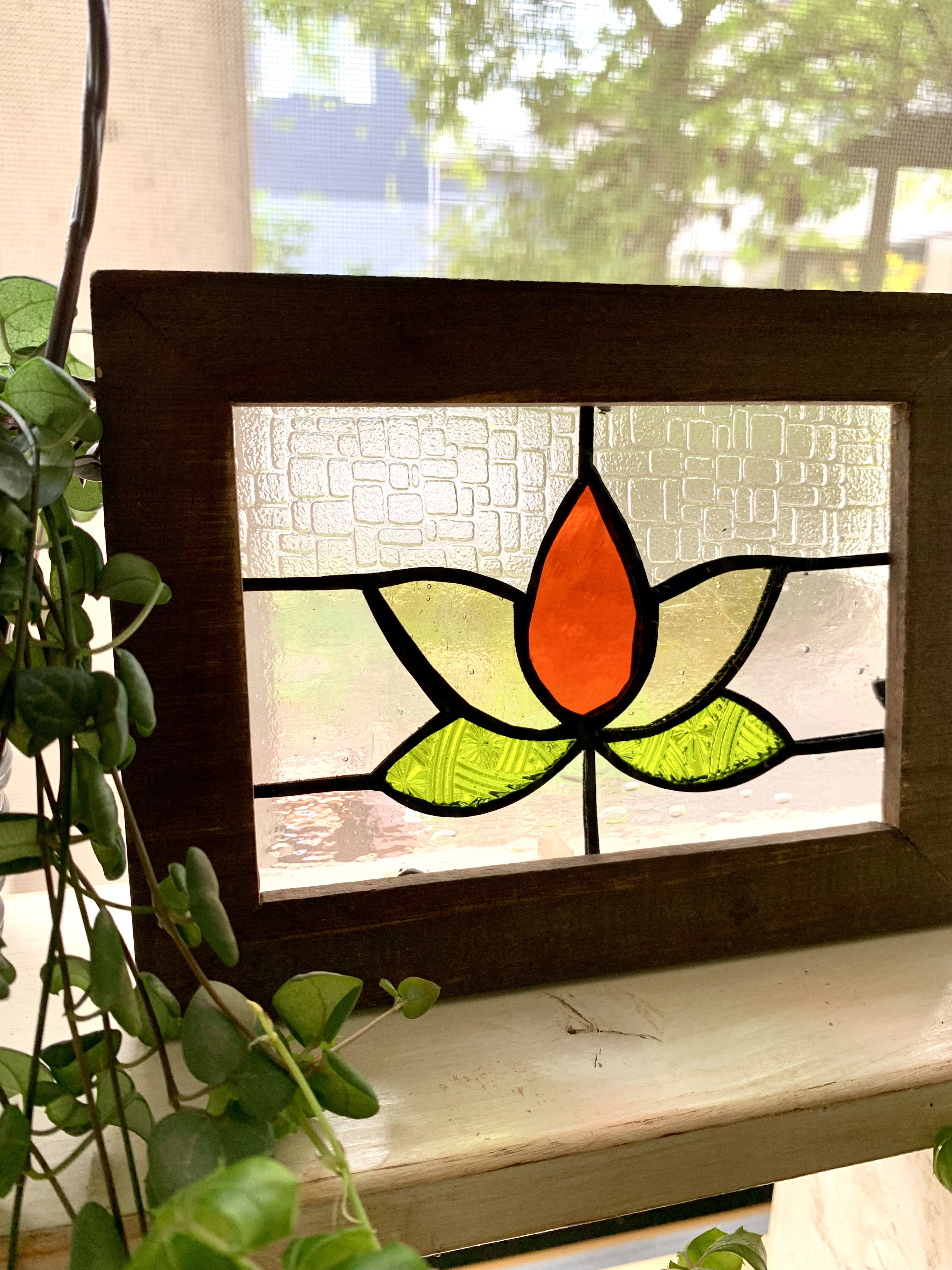 ステンドグラスパネル木台 ステンドグラス＊パネル＊Flower 枠ブラウン その他インテリア