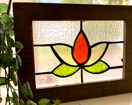 ステンドグラス＊パネル＊Flower 枠ブラウン その他インテリア