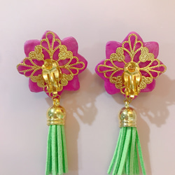 Lotus earring ロータスタッセルイヤリング　（ピンク×ライトグリーン） 3枚目の画像