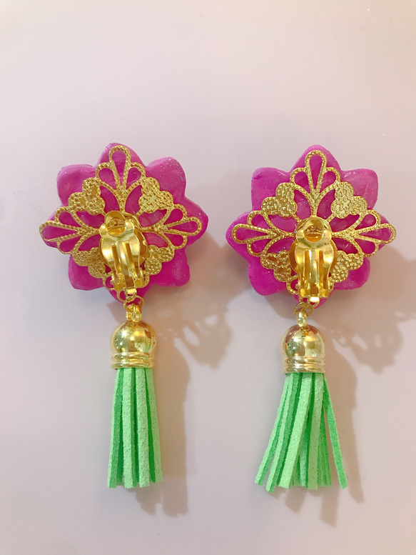 Lotus earring ロータスタッセルイヤリング　（ピンク×ライトグリーン） 3枚目の画像