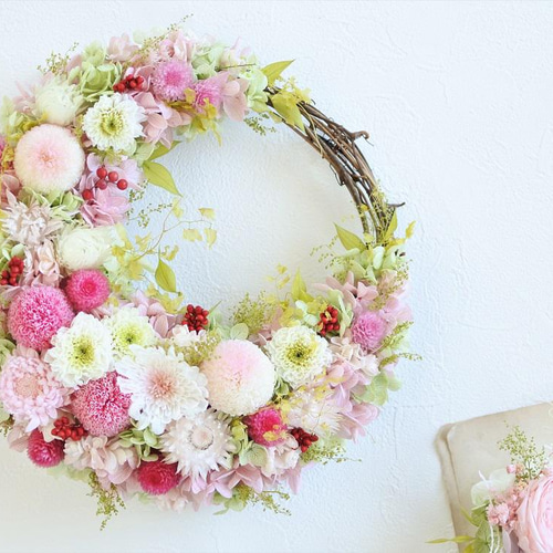 桃色リース 22㎝ プリザーブドフラワー ピンク リース Riviere