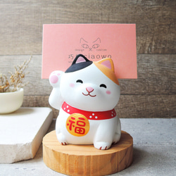 貓來福 招財貓 貓咪擺飾 三花貓 手工木製療癒小木雕公仔 名片架 貓 第3張的照片