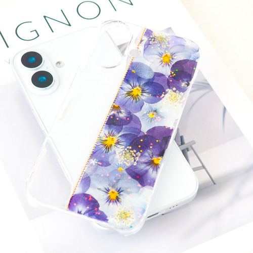 ブルービオラの押し花スマホケース＊345 全機種対応 本物のお花