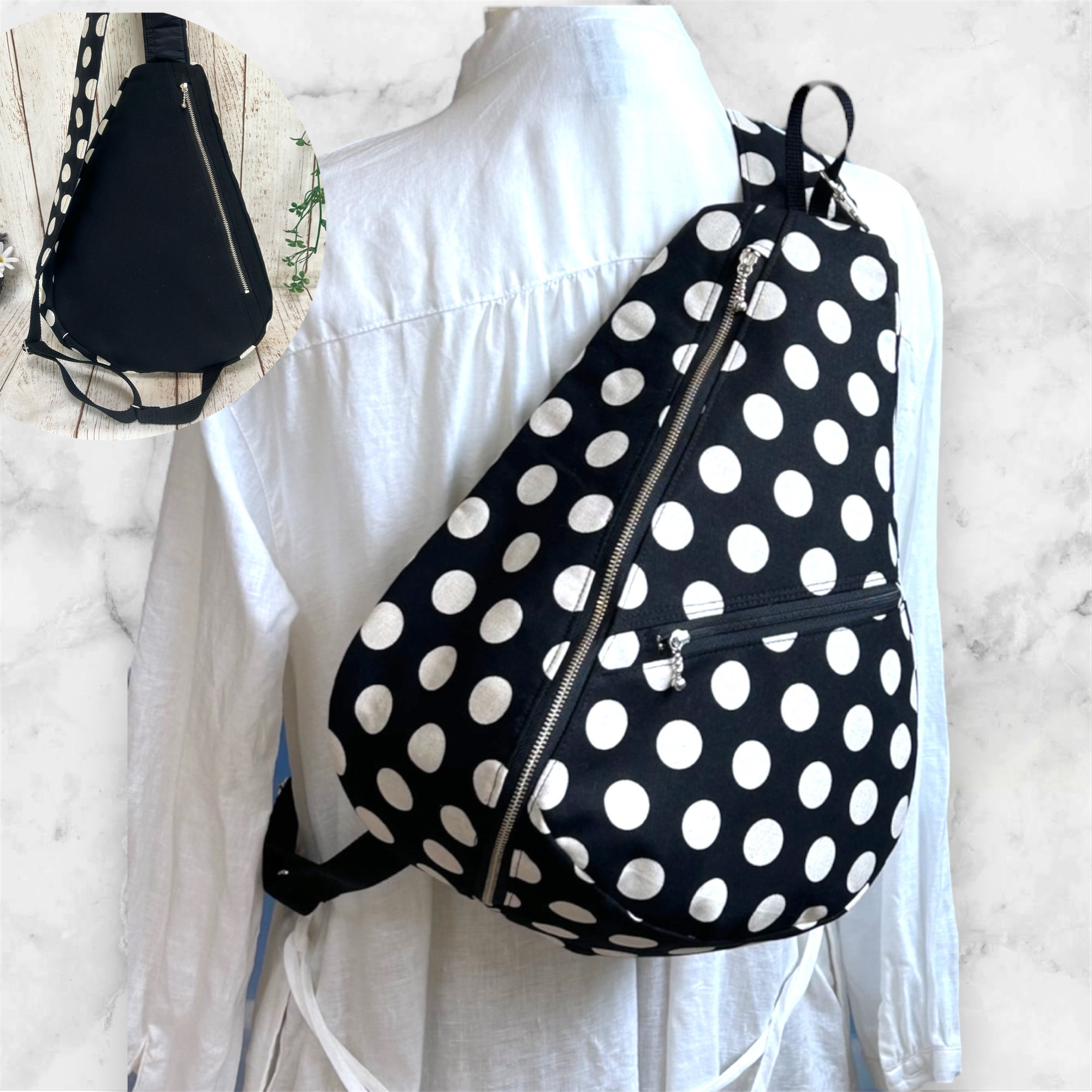 背面ファスナーポケット付き　軽量　しずく型 ワンショルダーバック ボディーバック　長さ調節可能 ドット黒色
