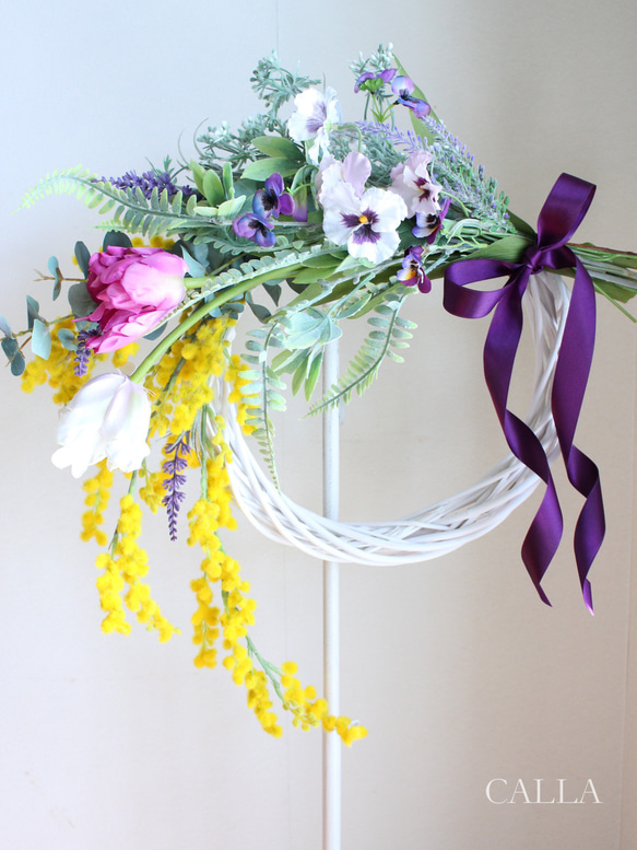 《Last1点》春のお花溢れるPansy&Mimosa Wreath〜2Lsize〜 2枚目の画像