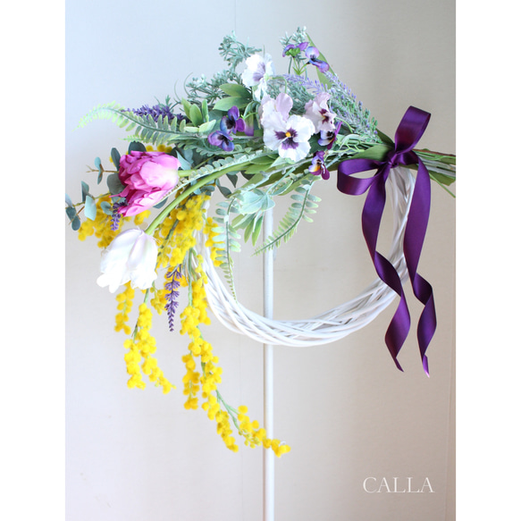 《Last1点》春のお花溢れるPansy&Mimosa Wreath〜2Lsize〜 1枚目の画像