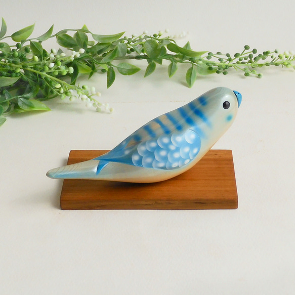 インコ 青 (★台付き)  Parakeet / wood bird 3枚目の画像