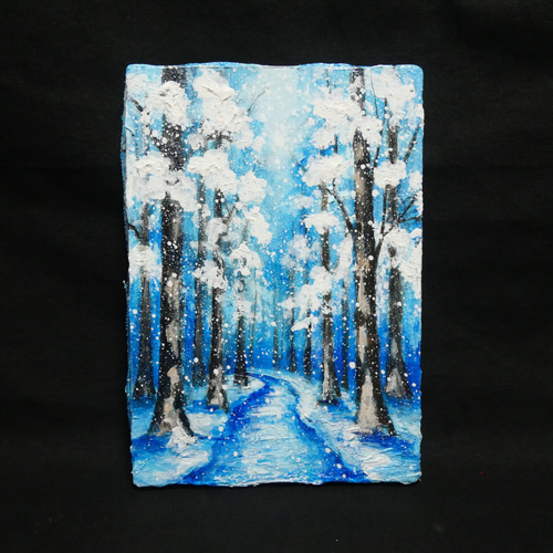 油絵 原画 油彩画 絵画 「白銀の森の小道」 冬 景色 風景画 インテリア