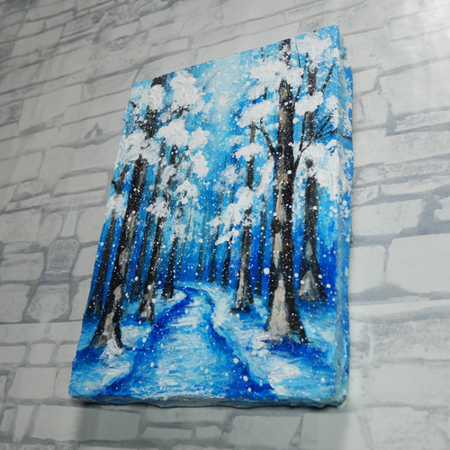 油絵 原画 油彩画 絵画 「白銀の森の小道」 冬 景色 風景画 インテリア