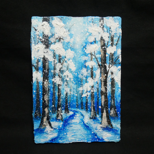 油絵 原画 油彩画 絵画 「白銀の森の小道」 冬 景色 風景画 インテリア