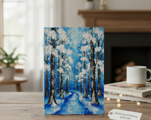 油絵 原画 油彩画 絵画 「白銀の森の小道」 冬 景色 風景画 インテリア