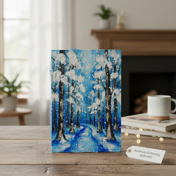油絵 原画 油彩画 絵画 「白銀の森の小道」 冬 景色 風景画 インテリア