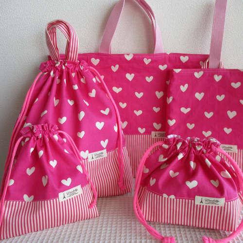 入園入学準備グッズ女の子バッグピンクドットハートチェックストライプ 入園入学準備グッズ女の子バッグピンクドットハートチェックストライプ