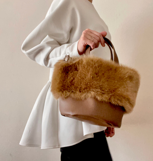 受注製作】上質ファーの2WAYショルダートートバッグ(ブラウン