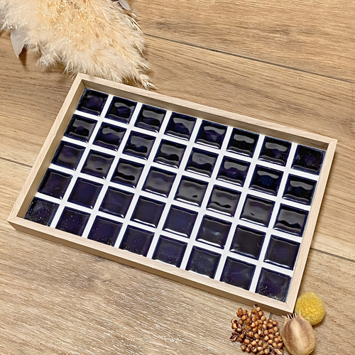 シンプルでおしゃれな美濃焼タイルのネイビーのトレー 紺 おぼん 【大