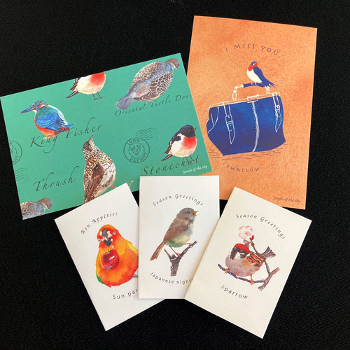 鳥のカードセット(ポストカード2枚とメッセージカード4枚)【Creema限定