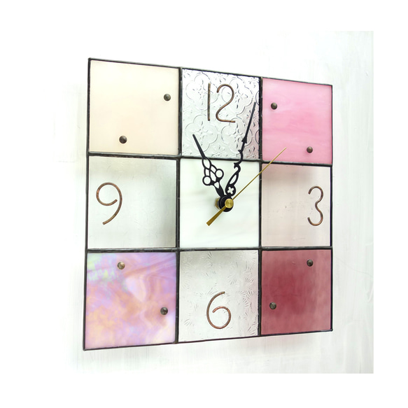 24㎝角/ステンドグラスの掛時計/モザイク24（ピンク・パープル系） 2枚目の画像