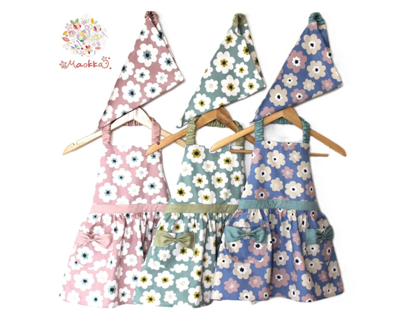 ☆anyamama☆ エプロンセット 100～160 北欧風花柄エプロンセット（フリル、キッズ、子供