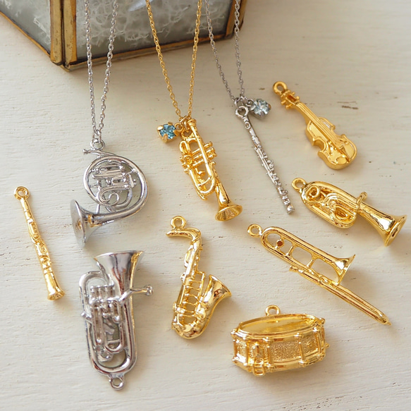 ネックレス】ミニチュア楽器と選べる誕生石クリスタルのネックレス
