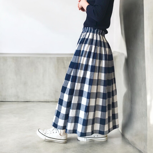 大人気♪播州織の大きめブロックチェックの綿麻ギャザースカート