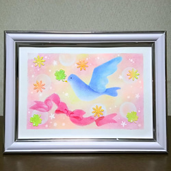 パステルアート　青い鳥の贈り物　パステル画原画　お祝　プレゼント　ギフト 1枚目の画像