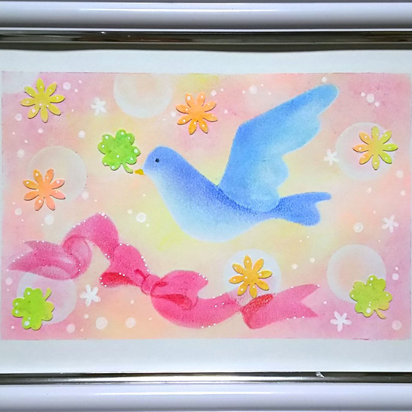 パステルアート　青い鳥の贈り物　パステル画原画　お祝　プレゼント　ギフト 2枚目の画像