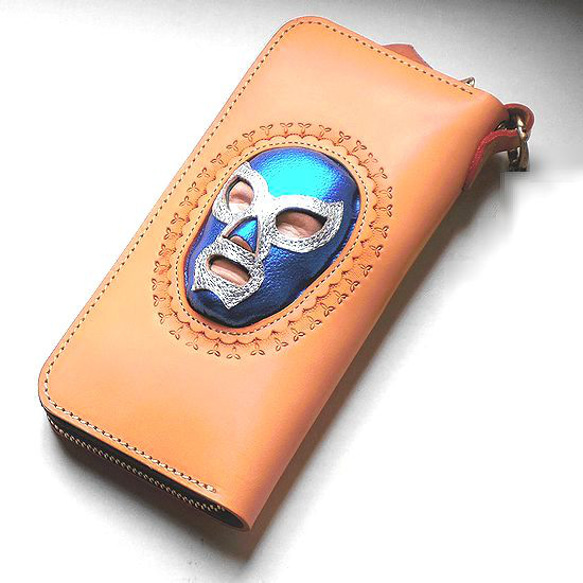 カラー変更可 世界で唯一 3D立体加工 本革 長財布 マスクマン ルチャリブレ ラウンドジップウォレット ナチュラル 1枚目の画像