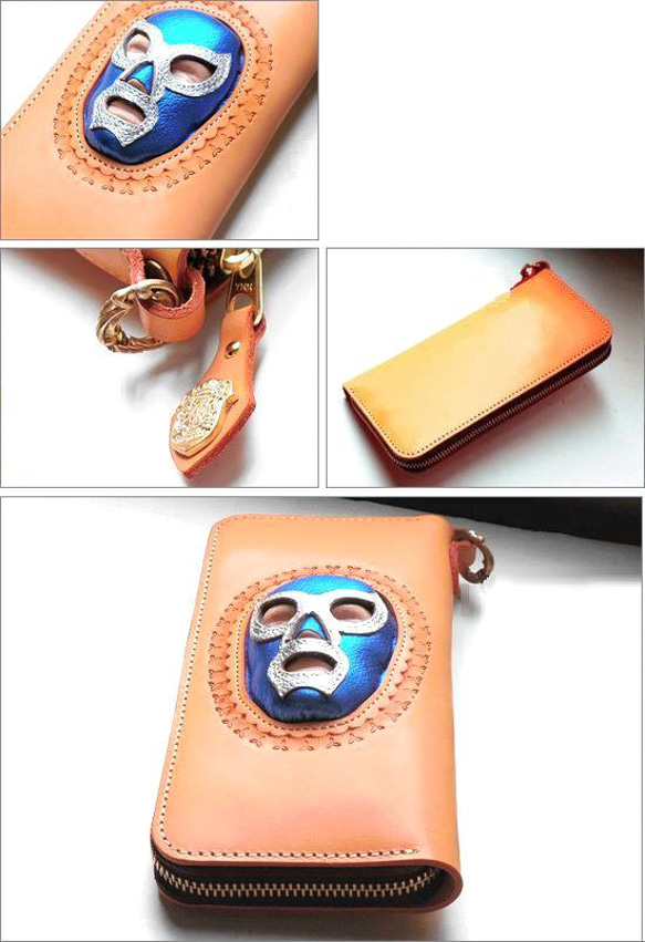 カラー変更可 世界で唯一 3D立体加工 本革 長財布 マスクマン ルチャリブレ ラウンドジップウォレット ナチュラル 3枚目の画像