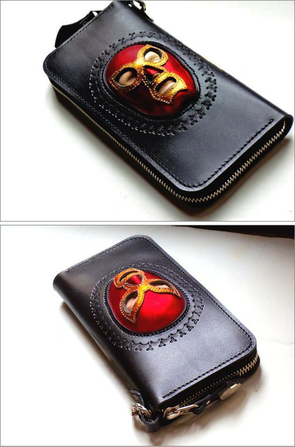 カラー変更可 世界で唯一 3D立体加工 本革 長財布 マスクマン ルチャリブレ ラウンドジップウォレット ブラック 