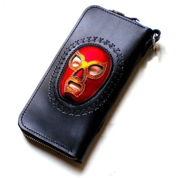 カラー変更可 世界で唯一 3D立体加工 本革 長財布 マスクマン ルチャリブレ ラウンドジップウォレット ブラック 