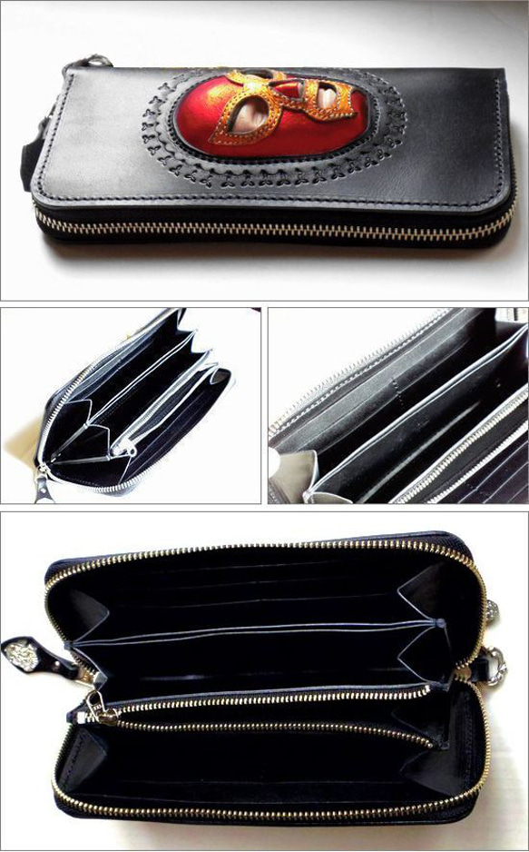 カラー変更可 世界で唯一 3D立体加工 本革 長財布 マスクマン ルチャリブレ ラウンドジップウォレット ブラック 