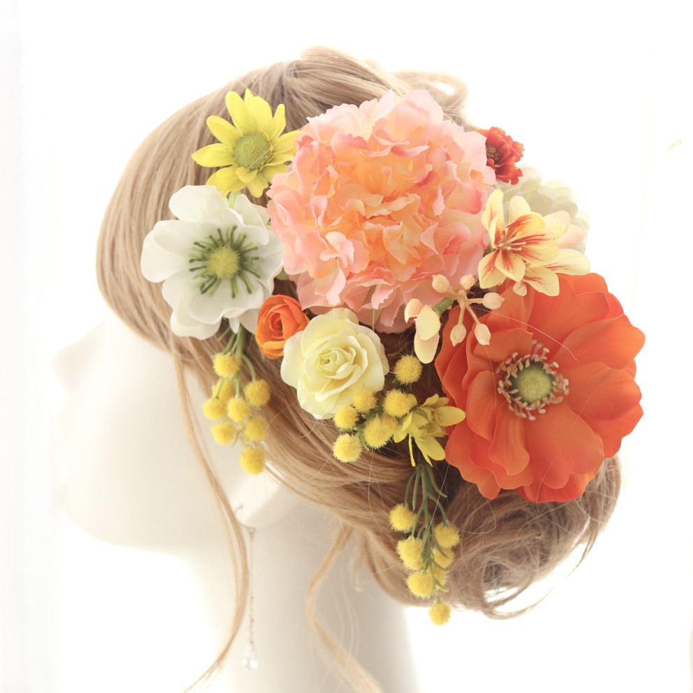 ヘッドドレス＊アネモネとラナンキュラスの髪飾り　ミモザを添えたイエローオレンジ