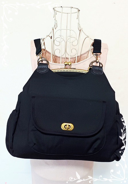 【受注製作】3way　11号帆布　前ポケットのあおりがま口リュックバッグ【大】