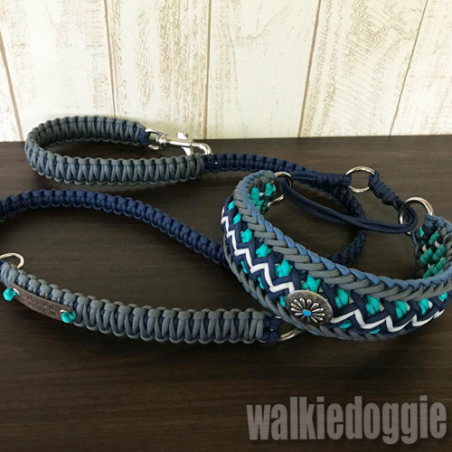 パラコード首輪　ハーフチョーク　ターコイズコンチョ付　中型犬　大型犬　№076 パラコード首輪 太めハーフチョーク ターコイズコンチョ付 中型犬 №078