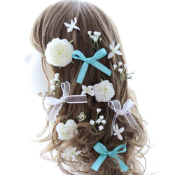 ヘッドドレス　髪飾り　ローズ　バラ　薔薇　ティファニーブルー　サムシングブルー　かすみ草　リボン　結婚式　ウェディング 2枚目の画像