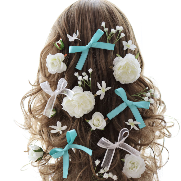 ヘッドドレス　髪飾り　ローズ　バラ　薔薇　ティファニーブルー　サムシングブルー　かすみ草　リボン　結婚式　ウェディング 1枚目の画像